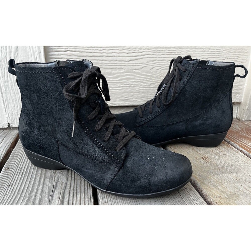 Dansko Fergie Women's 39 8.5-9 Lace Up Bootie Ankle Boots Side Zip Black Suede